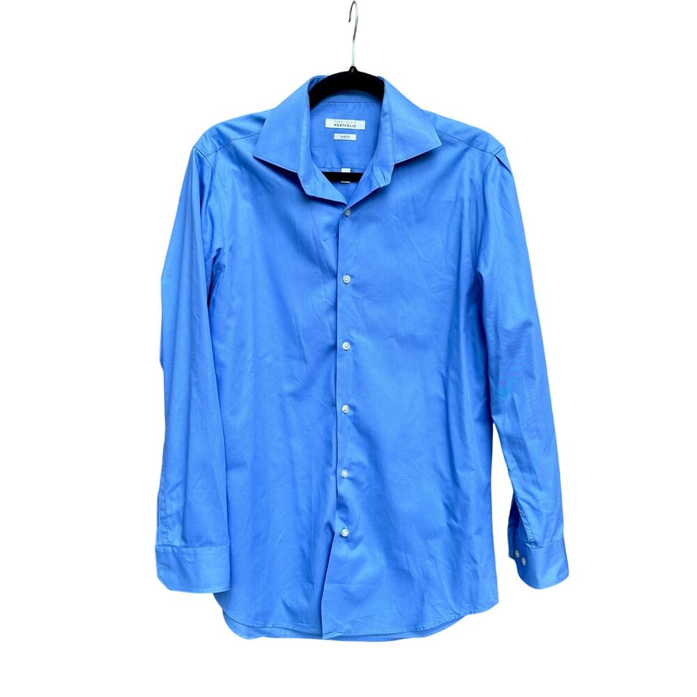 Perry Ellis Portfolio Blue Dress Shirt Mens Slim Fit 15 32/33 Wrinkle Free L/S